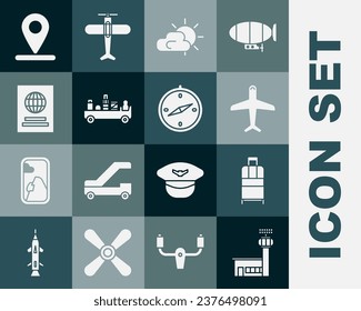 Set Airport control tower, Suitcase, Plane, Sun and cloud weather, luggage towing truck, Passport, Location and Compass icon. Vector
