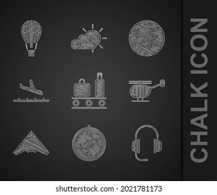 Set Airport conveyor belt with suitcase, Compass, Headphones microphone, Helicopter, Jet fighter, Plane landing, Worldwide and Hot air balloon icon. Vector