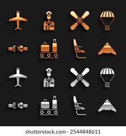 Set Airport conveyor belt with suitcase, Box flying parachute, Jet fighter, Airplane seat, Safety, Plane propeller,  and Pilot icon. Vector