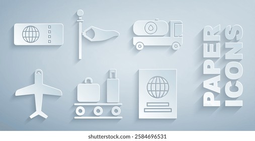 Set Airport conveyor belt with suitcase, Fuel tanker truck, Plane, Passport, Cone meteorology windsock wind vane and Airline ticket icon. Vector