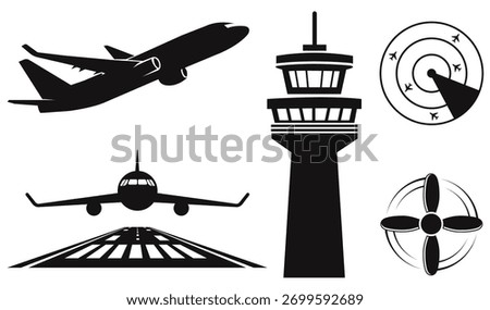 Set of airport elements, including jet taking off and landing, air traffic control tower, propeller, and radar screen with aircraft blips for use in aviation themed media and vector graphics.