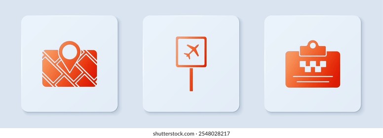 Set Airport, Gps device with map and Taxi driver license. White square button. Vector