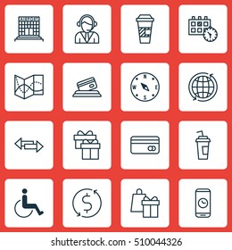 Set Of Airport Icons On Call Duration, Accessibility And Takeaway Coffee Topics. Editable Vector Illustration. Includes Globe, Coffee, Box And More Vector Icons.