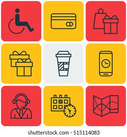 Set Of Airport Icons On Call Duration, Takeaway Coffee And Accessibility Topics. Editable Vector Illustration. Includes Time, Road, Card And More Vector Icons.
