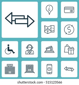 Set Of Airport Icons On Call Duration, Crossroad And Money Trasnfer Topics. Editable Vector Illustration. Includes Shopping, Debit, Pointer And More Vector Icons.