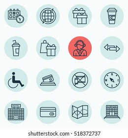 Set Of Airport Icons On Forbidden Mobile, Takeaway Coffee And Operator Topics. Editable Vector Illustration. Includes Crossroad, Travel, Drink And More Vector Icons.