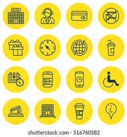 Set Of Airport Icons On Hotel Construction, Operator And Call Duration Topics. Editable Vector Illustration. Includes Accessibility, Date, Appointment And More Vector Icons.