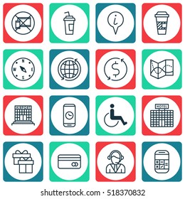 Set Of Airport Icons On Info Pointer, Present And Drink Cup Topics. Editable Vector Illustration. Includes Around, Takeaway, Box And More Vector Icons.