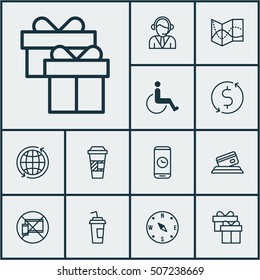 Set Of Airport Icons On Locate, Present And Drink Cup Topics. Editable Vector Illustration. Includes Paralyzed, Travel, Cup And More Vector Icons.