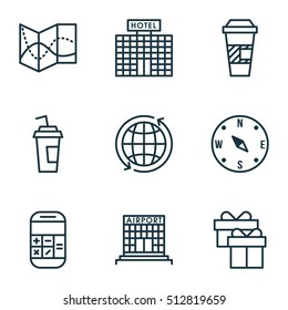 Set Of Airport Icons On Locate, Present And Hotel Construction Topics. Editable Vector Illustration. Includes Construction, Calculator, Travel And More Vector Icons.