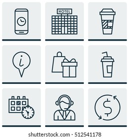 Set Of Airport Icons On Money Trasnfer, Hotel Construction And Takeaway Coffee Topics. Editable Vector Illustration. Includes Mobile, Gift, Call And More Vector Icons.