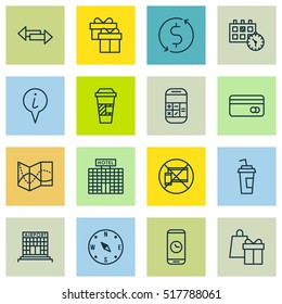 Set Of Airport Icons On Money Trasnfer, Appointment And Hotel Construction Topics. Editable Vector Illustration. Includes Cup, Gift, Crossroad And More Vector Icons.