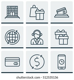 Set Of Airport Icons On Present, Call Duration And Plastic Card Topics. Editable Vector Illustration. Includes Construction, World, Shopping And More Vector Icons.