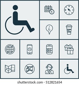 Set Of Airport Icons On World, Info Pointer And Takeaway Coffee Topics. Editable Vector Illustration. Includes Center, Info, Operator And More Vector Icons.