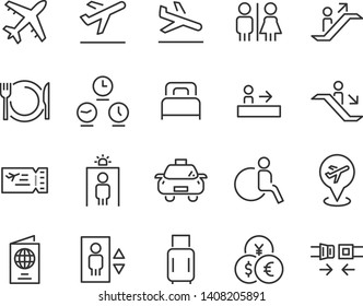 set of airport icons, such as airplane, ticket, world time, passport, money exchange, transport