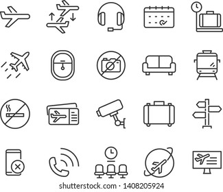 set of airport icons, such as airplane, ticket, world time, passport, money exchange, transport