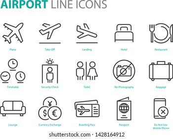 set of airport icons, such as airplane, ticket, world time, passport, money exchange, transport