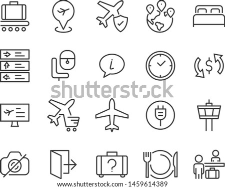 set of airport icons, such as airplane, ticket, flight, travel