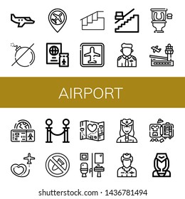 Set Of Airport Icons Such As Small Plane, No Bomb, Airport, Passport, Stairs, Stair, Pilot, Restroom, Boarding Pass, Travel, Queue, No Bombs, Hostess, Flight Attendant , Airport