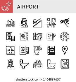 Set Of Airport Icons Such As Travel, Skytrain, Flight Attendant, Stair, Restroom, Plane, Passport, No Bombs, Airport, Spellbook, Pilot, Wc, Boarding Pass , Airport