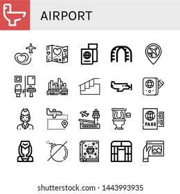 Set Of Airport Icons Such As Wc, Travel, Passport, Stairs, Airport, Restroom, Skytrain, Small Plane, Air Hostess, Flight Attendant, No Bomb, Spellbook, Flat Arch Greenhouse , Airport