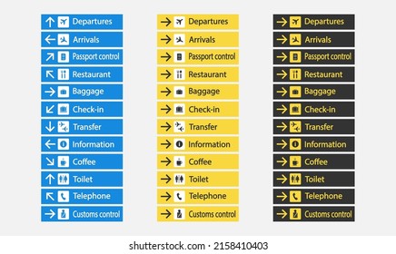 set of airport icons. Visual informative pointers for orientation in a large area. Flat style