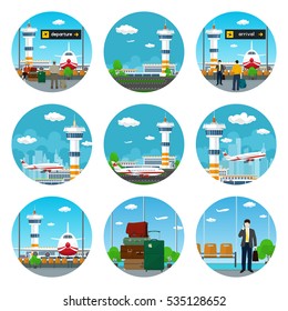 Set of Airport Icons,Waiting Room with People, Scoreboard Departures and Arrivals, Luggage Bags for Traveling,Airplane Arrives and Stands on the Runway and Fly away from Airport Terminal, Vector 