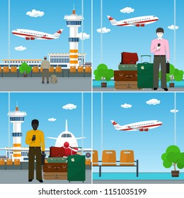 Set of Airport Image with Travelers, African American Man and European Businessman with Traveler's Baggage against the Background of a Take-off Airplane , Airplane Arrives and Fly away from Airport