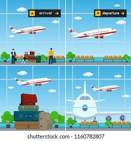 Set of Airport Image, View on a Plane through the Window , Waiting Room with People and Luggage Bags for Traveling, Airplane Arrives and Fly away from Airport Terminal, Vector Illustration