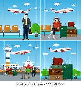 Set of Airport Image, View on Airplane through the Window , Waiting Room with People and Luggage Bags for Traveling, Travel and Tourism Concept, Vector Illustration