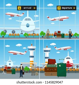 Set of Airport Image, Waiting Room with Travelers and Luggage Bags , Scoreboard Departures and Arrivals, Airplane Arrives and Fly away from Airport Terminal, Vector Illustration
