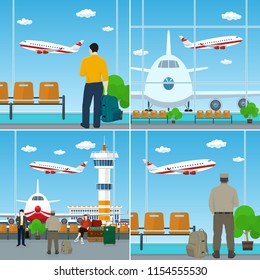 Set of Airport Image, Waiting Room with People and Luggage Bags , Airplane Arrives and Fly away from Airport Terminal, Vector Illustration