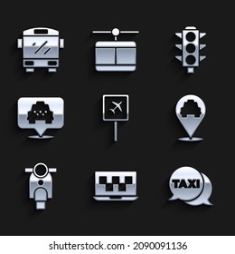 Set Airport, Laptop call taxi service, Taxi telephone, Location with, Scooter, Traffic light and Bus icon. Vector