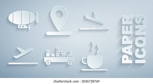 Set Airport luggage towing truck, Plane landing, takeoff, Coffee cup, Location and Airship icon. Vector