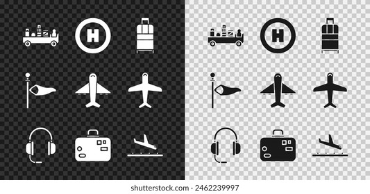 Set Airport luggage towing truck, Helicopter landing pad, Suitcase, Headphones with microphone, Plane, Cone meteorology windsock wind vane and  icon. Vector