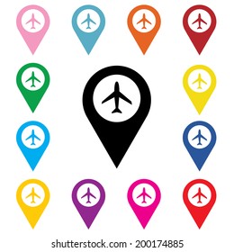 Set of Airport Marker Icons. Map marker with icon of airplane.