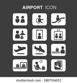 Set of Airport Related Vector Icons in White Square Buttons. Contains such Icons as Baggage Claim, Departure, Passenger and more.