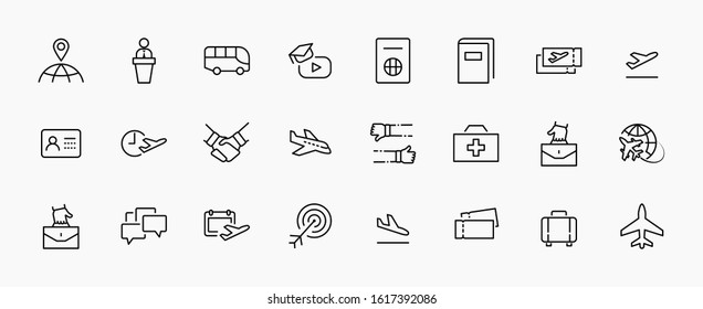 Set of Airport Related Vector Line Icons. Contains such Icons as Globe, Departure, Plane, Bus, Tickets, Baggage Claim, Calendar, Kit and more. Editable Stroke. 32x32 Pixels.