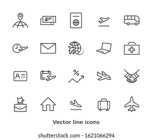 Set of Airport Related Vector Line Icons. Contains such Icons as Globe, Departure, Plane, Bus, Tickets, Baggage Claim, Calendar, Kit and more. Editable Stroke. 32x32 Pixels.