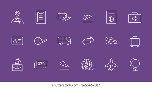 Set of Airport Related Vector Line Icons. Contains such Icons as Globe, Departure, Plane, Bus, Tickets, Baggage Claim, Calendar, Kit and more. Editable Stroke. 32x32 Pixels.