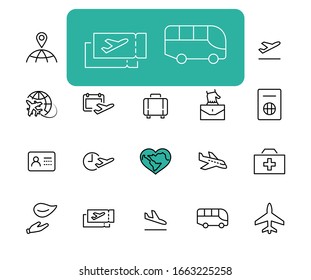 Set of Airport Related Vector Line Icons. Contains such Icons as Globe, Departure, Plane, Bus, Tickets, Baggage Claim, Calendar, Kit and more. Editable Stroke. 32x32 Pixels.