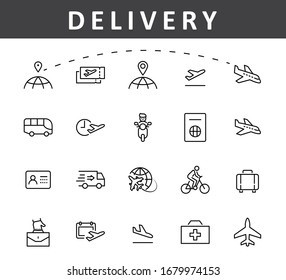 Set of Airport Related Vector Line Icons. Contains such Icons as Globe, Departure, Plane, Bus, Tickets, Baggage Claim, Calendar, Kit and more. Editable Stroke. 32x32 Pixels.