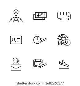 Set of Airport Related Vector Line Icons. Contains such Icons as Globe, Departure, Plane, Bus, Tickets, Baggage Claim, Calendar, Kit and more. Editable Stroke. 32x32 Pixels.