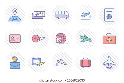 Set of Airport Related Vector Line Icons. Contains such Icons as Globe, Departure, Plane, Bus, Tickets, Baggage Claim, Calendar, Kit and more. Editable Stroke. 32x32 Pixels.