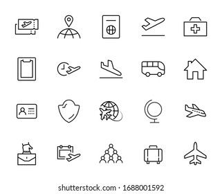Set of Airport Related Vector Line Icons. Contains such Icons as Globe, Departure, Plane, Bus, Tickets, Baggage Claim, Calendar, Kit and more. Editable Stroke. 32x32 Pixels.