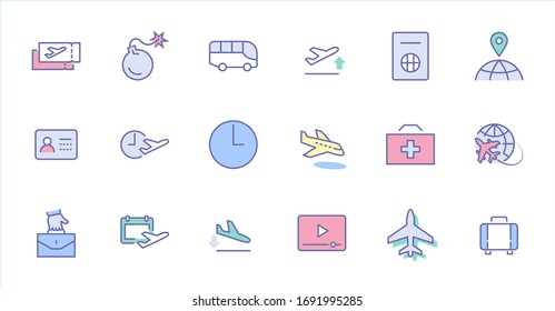 Set of Airport Related Vector Line Icons. Contains such Icons as Globe, Departure, Plane, Bus, Tickets, Baggage Claim, Calendar, Kit and more. Editable Stroke. 32x32 Pixels.