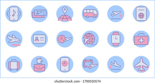 Conjunto de iconos de línea de vectores relacionados con el aeropuerto. Contiene iconos como Globe, Departure, Plane, Bus, Tickets, Reclamación de equipaje, Calendario, Kit y más. Trazo editable. 32x32 píxeles.