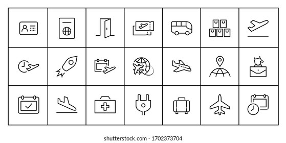 Conjunto de iconos de línea de vectores relacionados con el aeropuerto. Contiene iconos como Globe, Departure, Plane, Bus, Tickets, Reclamación de equipaje, Calendario, Kit y más. Trazo editable. 32x32 píxeles.
