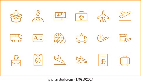 Set of Airport Related Vector Line Icons. Contains such Icons as Globe, Departure, Plane, Bus, Tickets, Baggage Claim, Calendar, Kit and more. Editable Stroke. 32x32 Pixels.