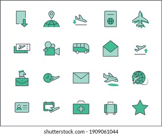 Set of Airport Related Vector Line Icons. Contains such Icons as Globe, Departure, Plane, Bus, Tickets, Baggage Claim, Calendar, Kit and more. Editable Stroke. 32x32 Pixels.